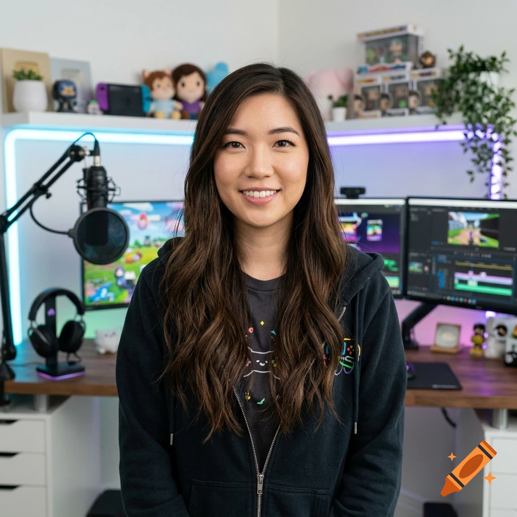 A woman with long brown hair stands smiling in front of a gaming and streaming setup with multiple monitors, a microphone, and shelves.