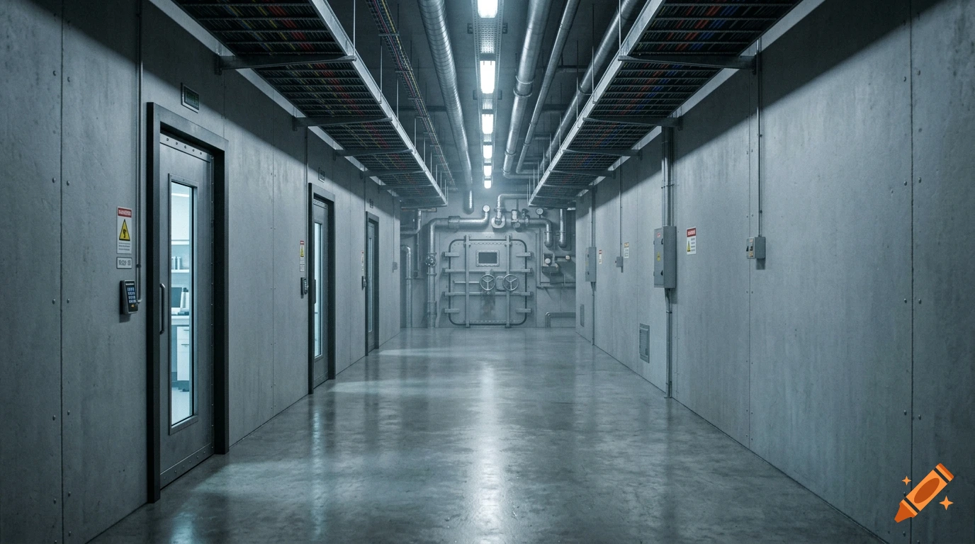 A long industrial corridor featuring concrete walls, metallic doors, overhead pipes, cable trays, and bright lighting.