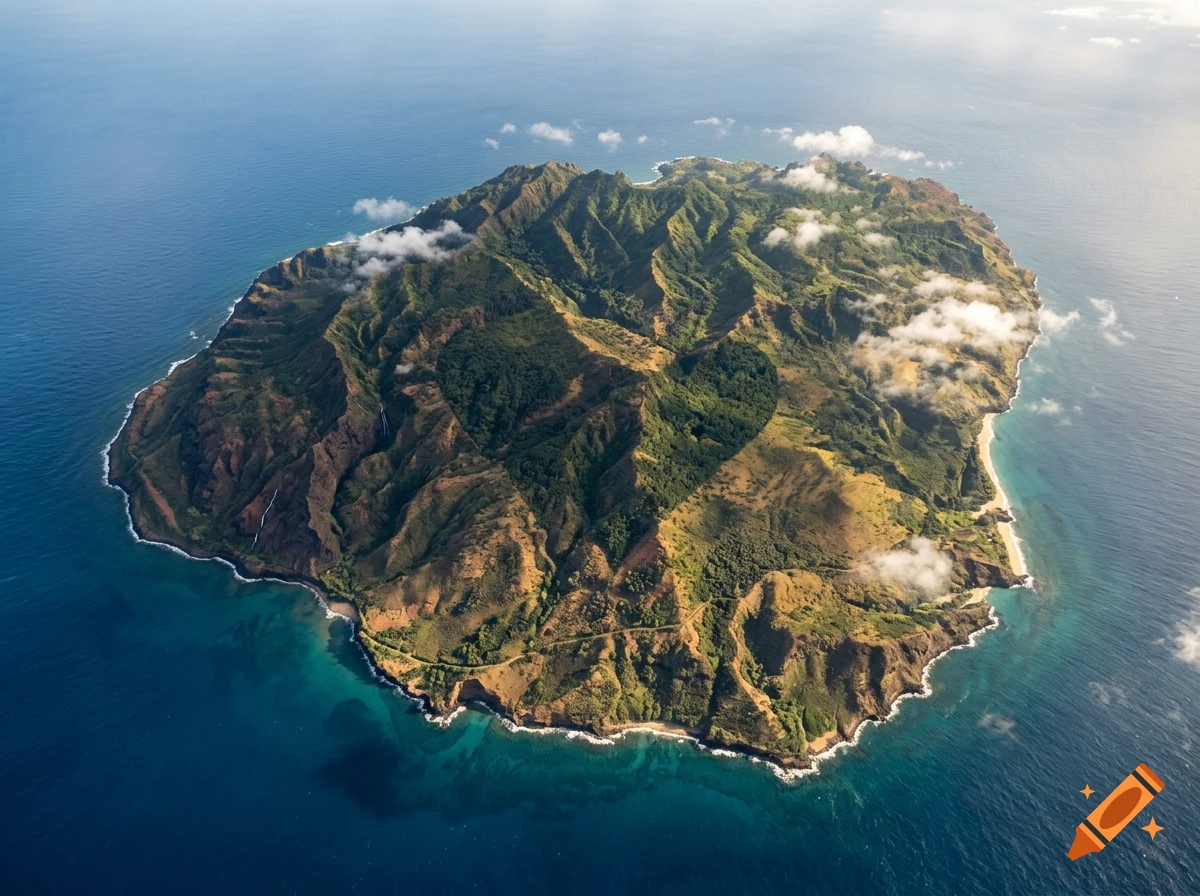 Aerial photorealistic view of the lush green island of Kauai surrounded by blue ocean water with a natural heart-shaped forest clearing.