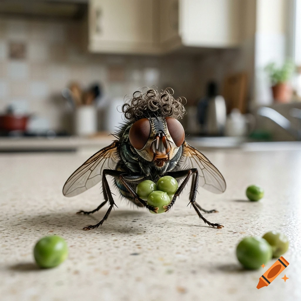Close-up photorealistic image of a housefly with a curly perm hairstyle sitting on a kitchen counter, holding green peas.