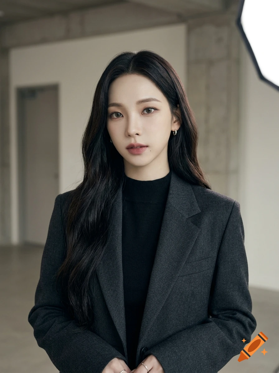 Photorealistic portrait of a woman with long black hair, wearing a dark gray blazer and black turtleneck.