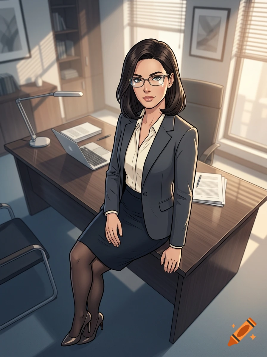 Anime style illustration of a brunette woman in her 30s wearing glasses and an office suit sitting on a desk.