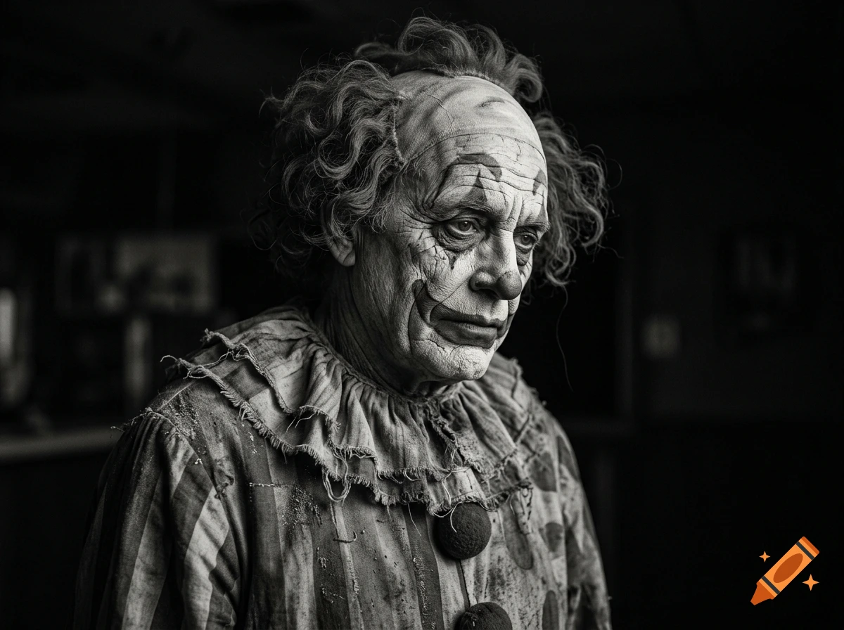 Black and white portrait of an elderly, weathered clown with vintage makeup and frilled collar, looking down.