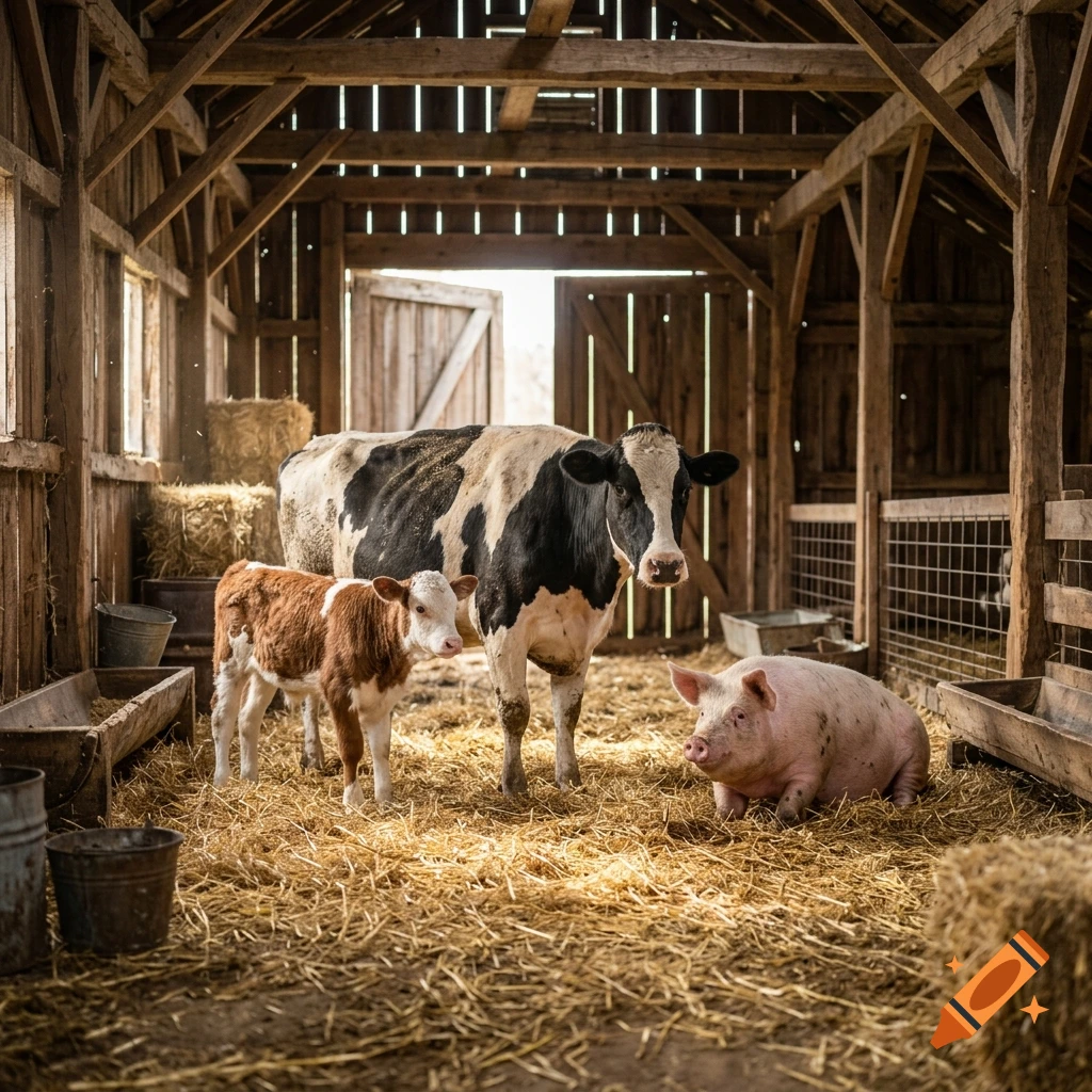 Photorealistic image of a cow, calf, and pig standing on straw inside a rustic wooden barn.