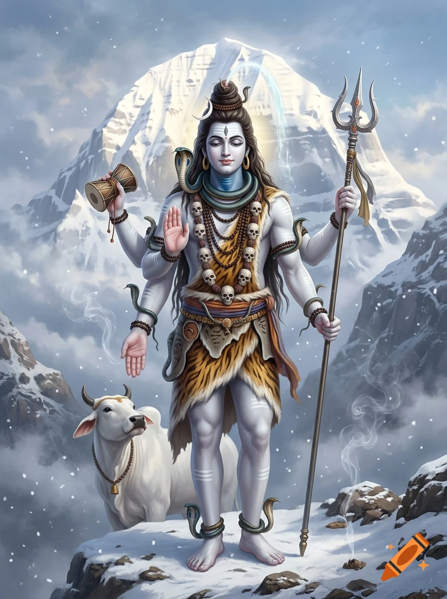 Hindu deity Shiva standing with a trident and a white bull in a snowy mountainous landscape.