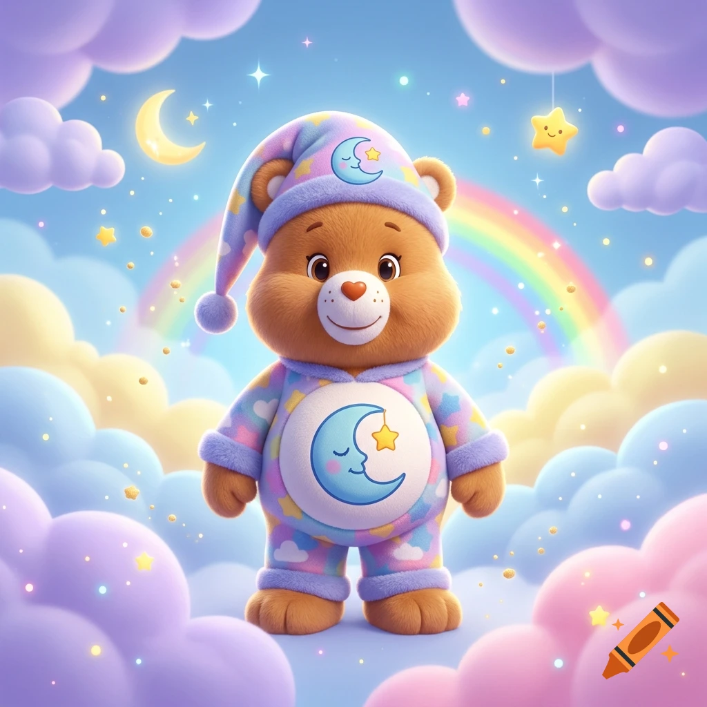 A cute brown teddy bear wearing pajamas and a nightcap stands amidst pastel-colored clouds, a rainbow, stars, and a crescent moon.