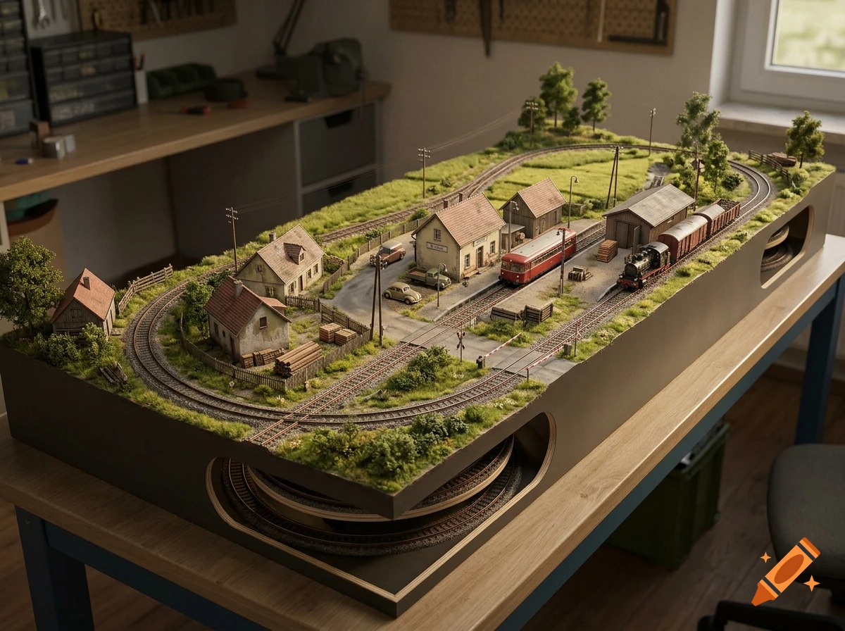 Photorealistic model railway diorama on a wooden table, featuring houses, a station, tracks, and trains.