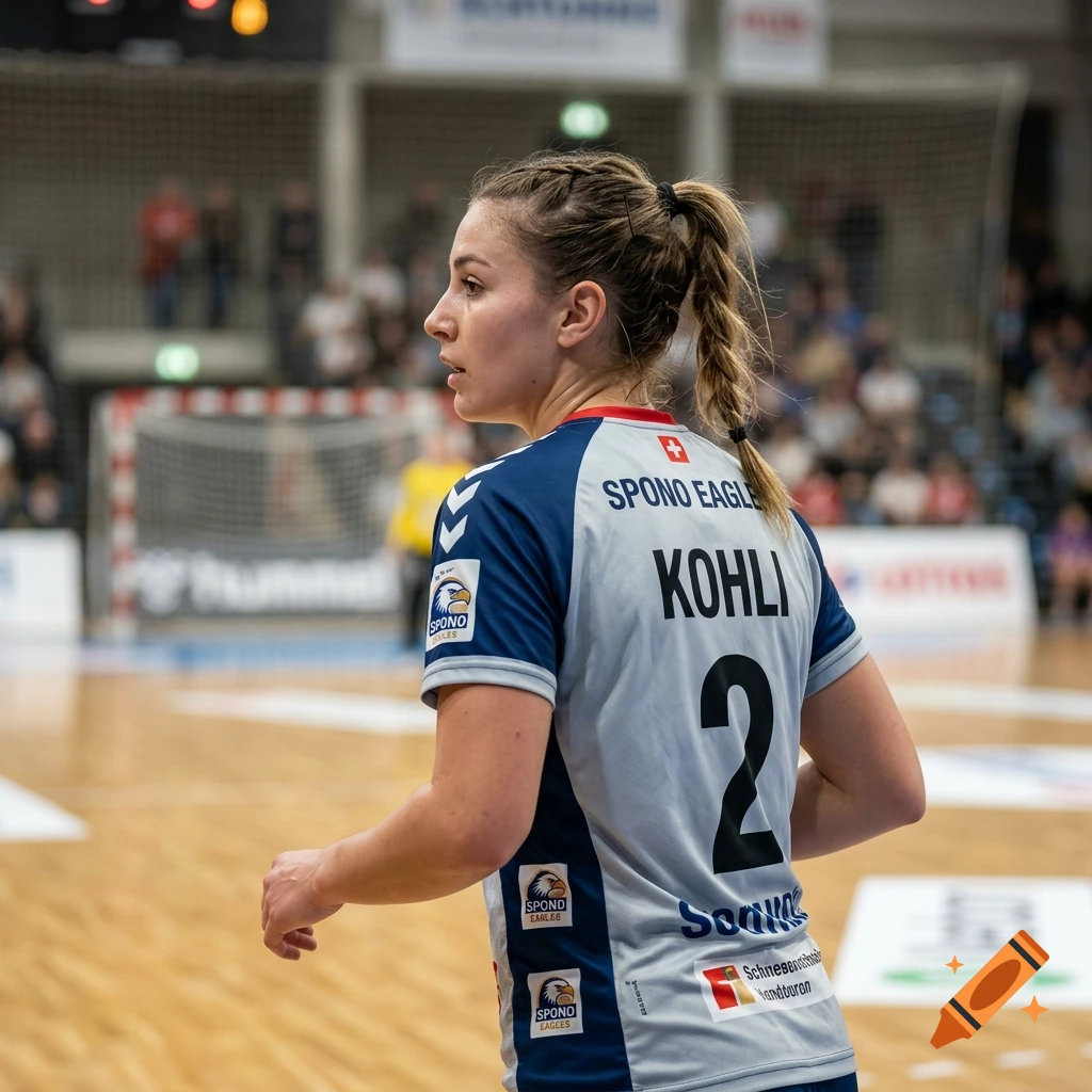 Photorealistic photo of a female handball player wearing Spono Eagles jersey number 2 Kohli, looking over her shoulder.
