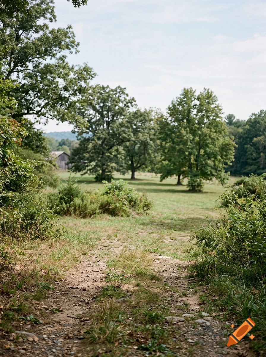 A dirt path leading through a grassy field with scattered green trees and foliage under a bright sky.