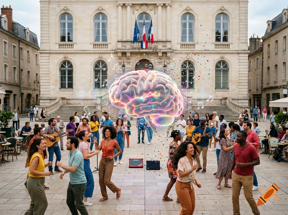 People dancing and having fun in a European town square with a glowing, colorful 3D brain hovering in the center, photorealistic.