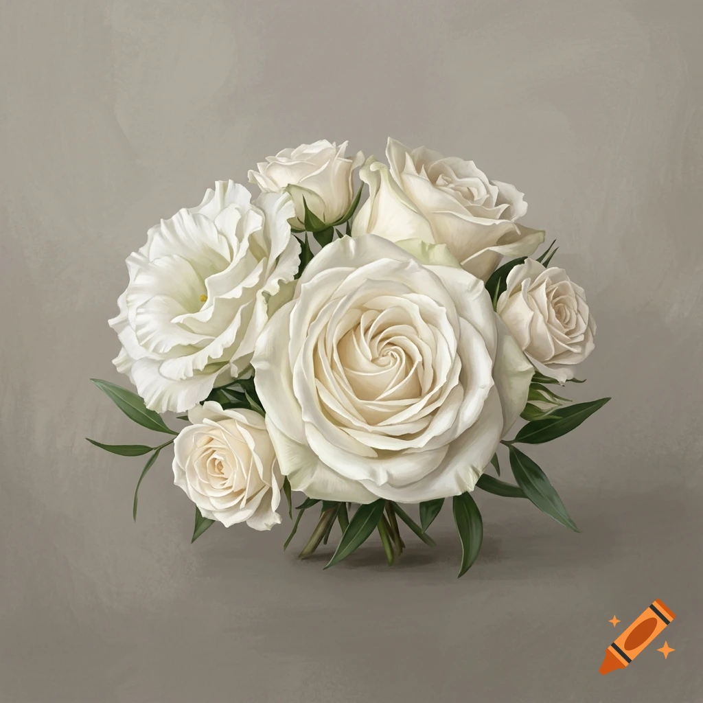 Digital painting of a tight bouquet of white roses and lisianthus with green leaves against a neutral grey-brown background.