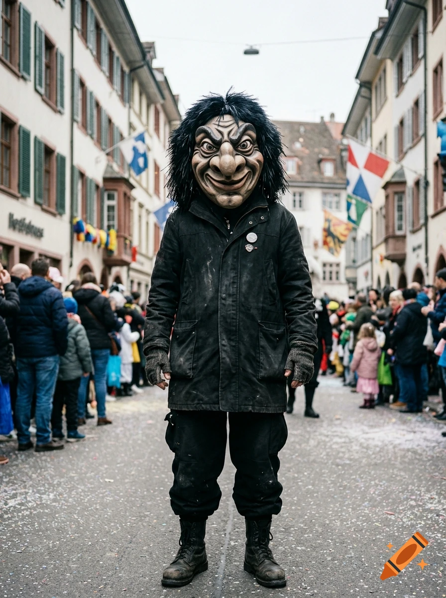 A person in a black coat and a scary troll mask with dark hair standing on a crowded European street during a carnival event.