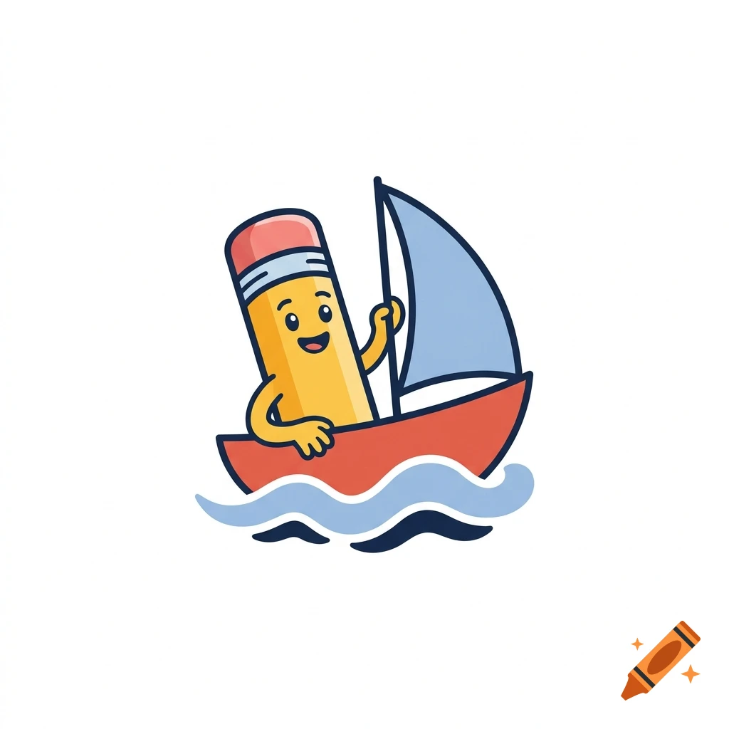 A cartoon illustration of a cheerful yellow pencil character sailing in a small red boat on blue waves.