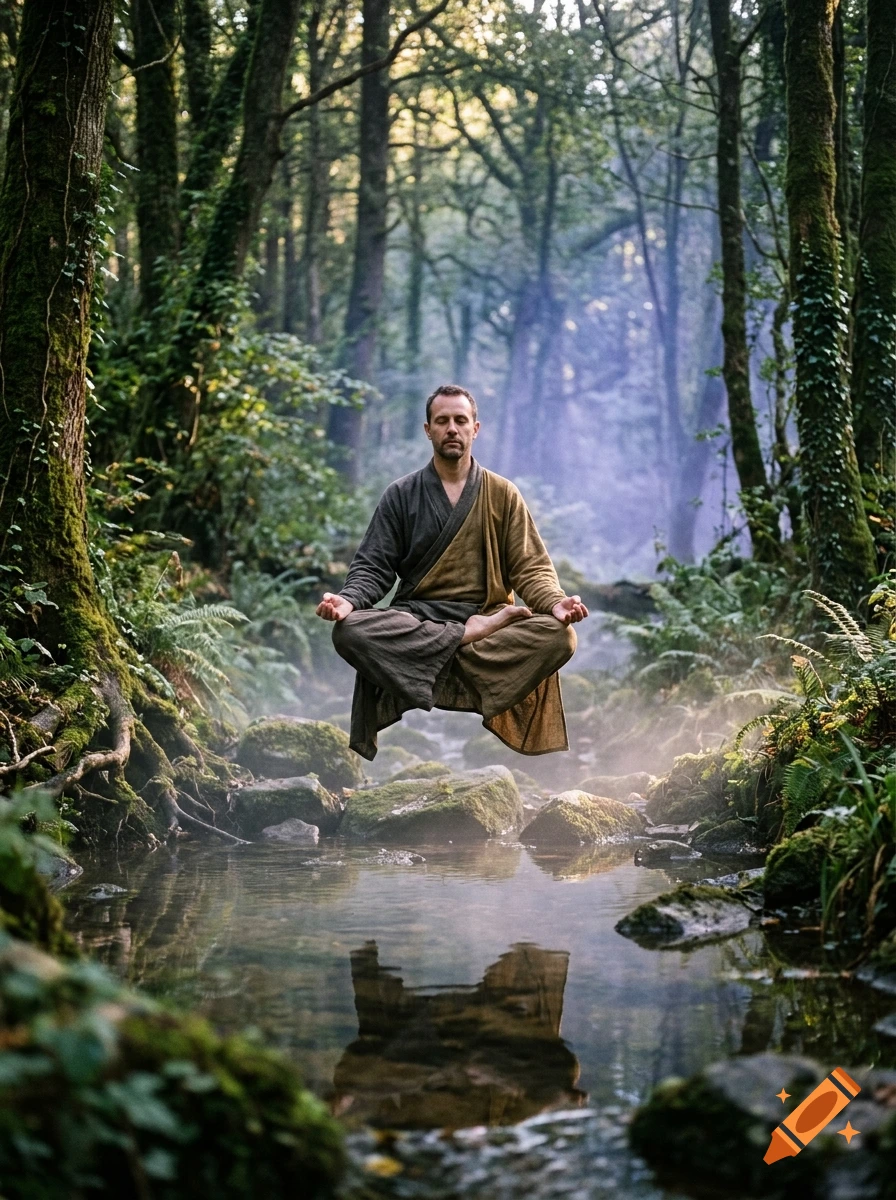 A man in traditional robes levitating in a meditative pose over a stream in a lush, misty forest, photorealistic.