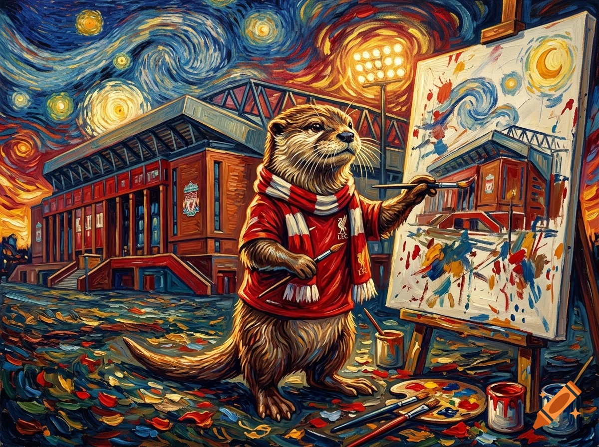 An otter wearing a Liverpool FC scarf painting the Anfield stadium in the swirling, expressive style of Vincent van Gogh.