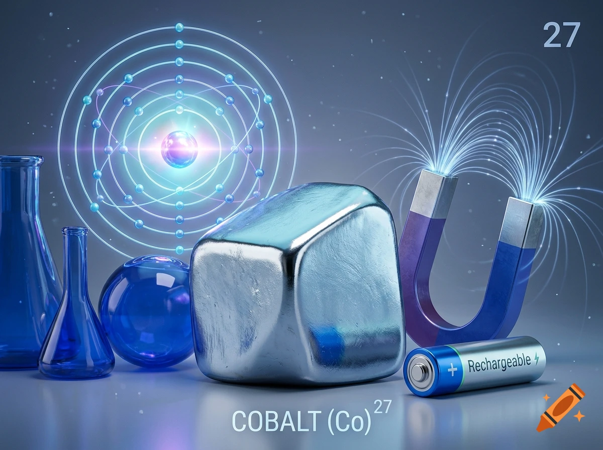 3D scientific illustration of cobalt with a silvery-blue metal block, atom model, magnet, battery, and flasks.