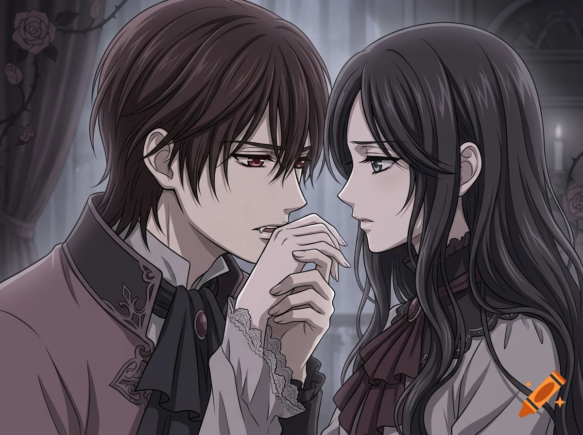 Anime style illustration of a young man with brown hair biting a young woman's hand in a gothic indoor setting.