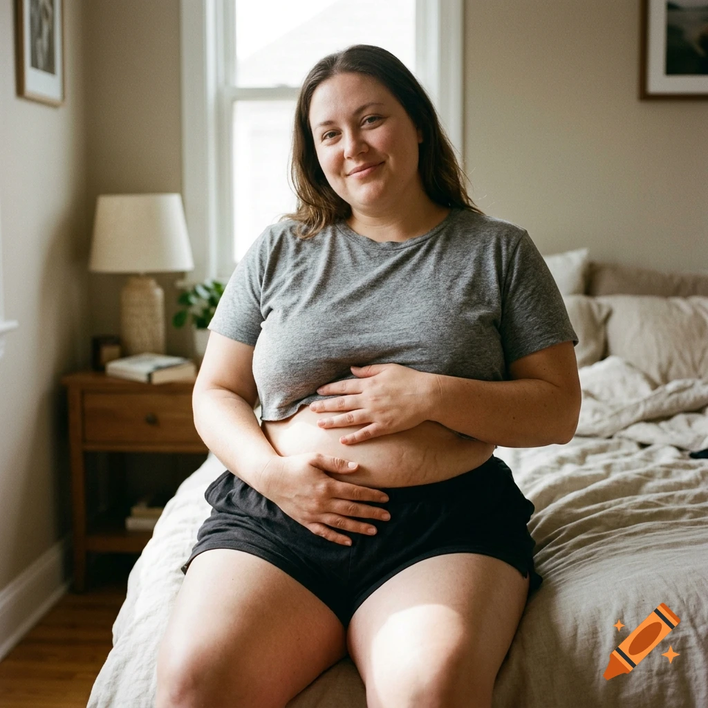 Photorealistic portrait of a smiling woman sitting on a bed in a bedroom.