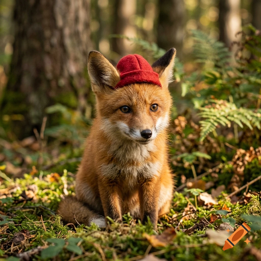 Photorealistic red fox wearing a small red hat, sitting in a forest among green ferns and moss.