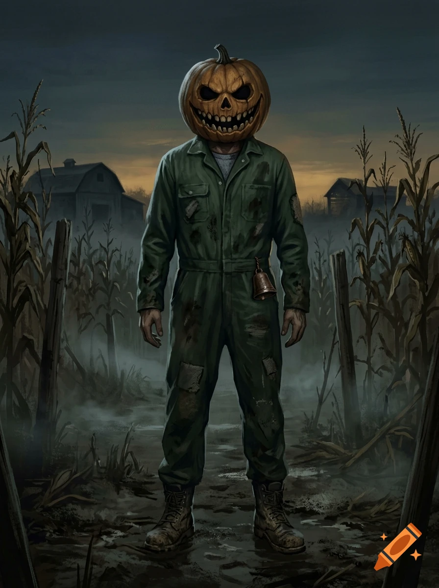 Digital painting of a figure wearing a carved pumpkin head and a muddy green jumpsuit standing in a cornfield at dusk.