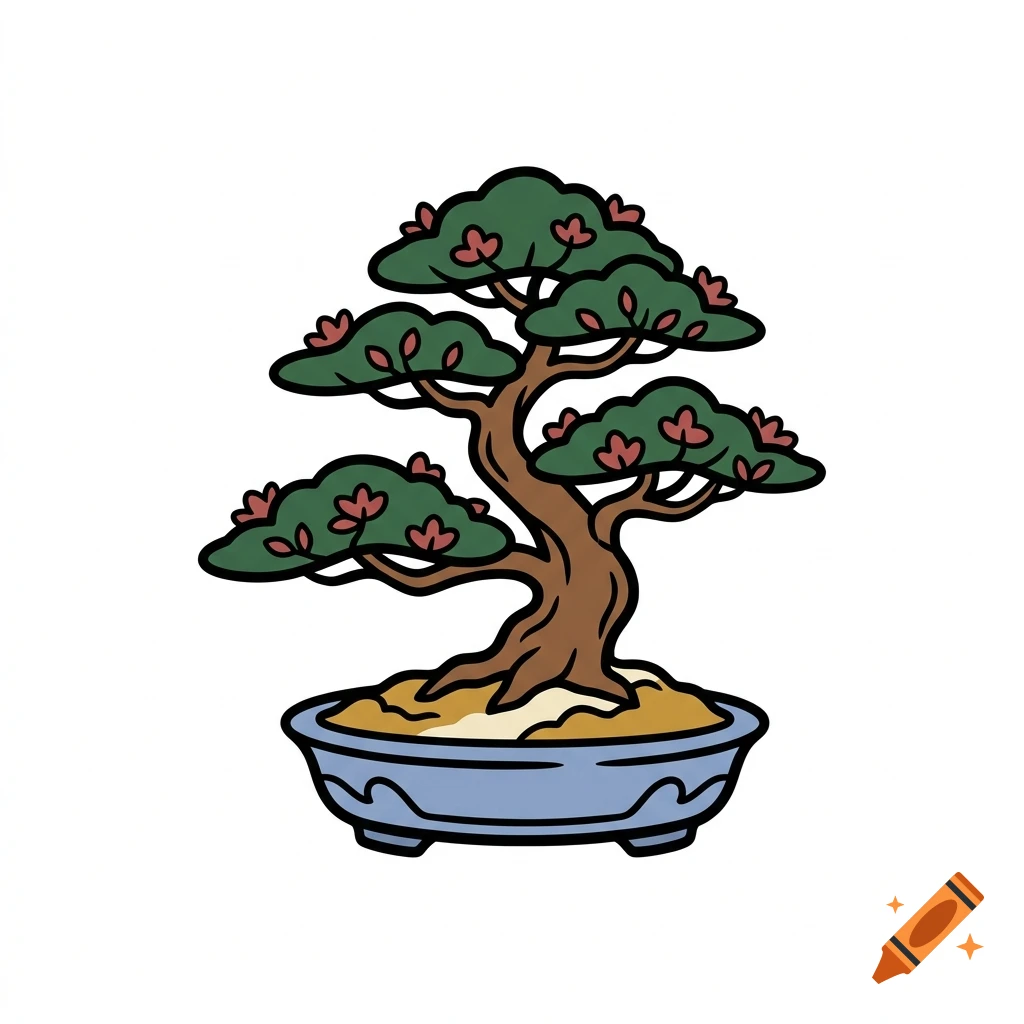 Stylized cartoon illustration of a bonsai tree in a blue ceramic pot, clean vector style.
