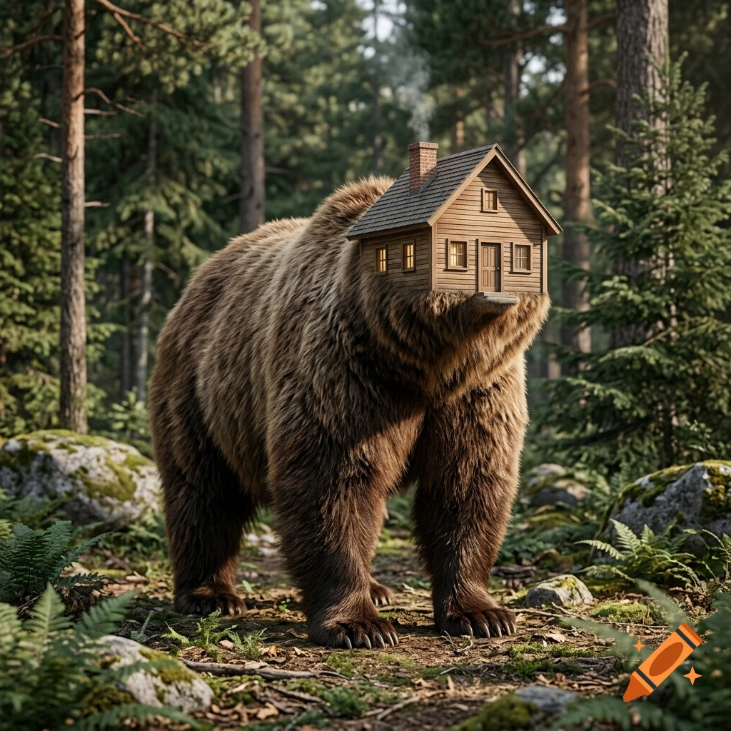 Photorealistic image of a large brown bear standing in a pine forest, with a wooden cabin replacing its head.
