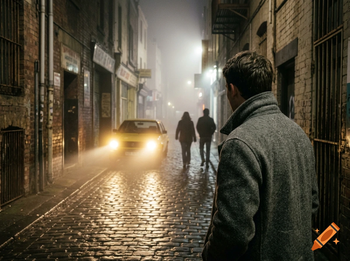 Over-the-shoulder view of a man in a grey coat in a foggy, wet cobblestone city alley at night with a yellow car's headlights shining.