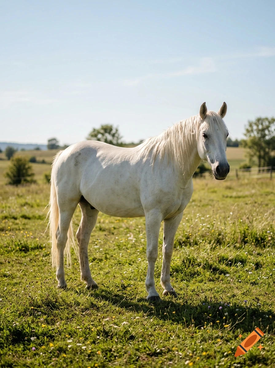 Photorealistic white horse standing in a grassy meadow under a clear blue sky.