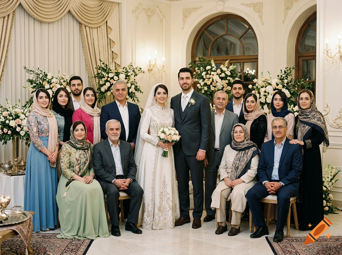 Photorealistic group portrait of a bride, groom, and their families in an ornate hall in Mashhad, Iran.