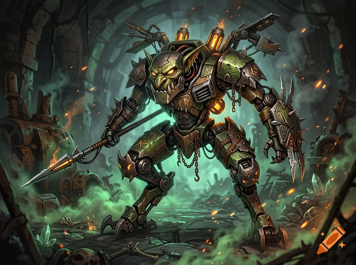 A goblin-inspired mechanical exoskeleton suit with glowing eyes and a spear, standing in a dark cavernous workshop.