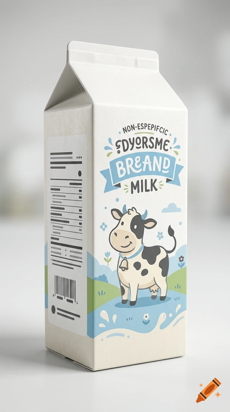 3D carton of milk with a cartoon cow illustration and nonsensical text on the front and side, set against a plain background.