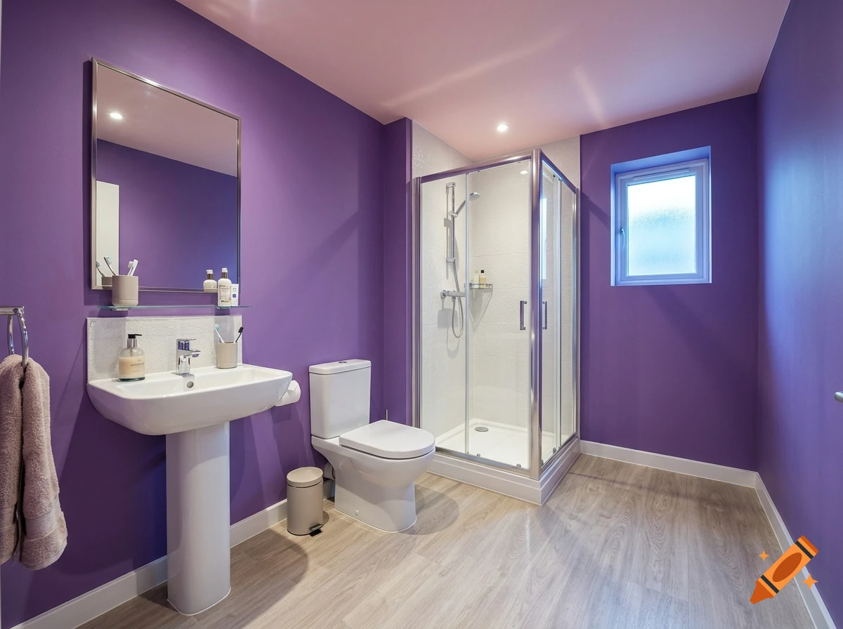 Modern bathroom with purple walls, pink ceiling, white fixtures, glass shower cabin, and wood-effect vinyl flooring.