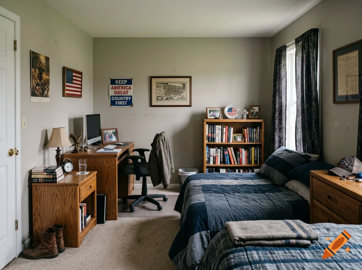 Photorealistic bedroom with two twin beds, a desk with a computer, and American patriotic decor.