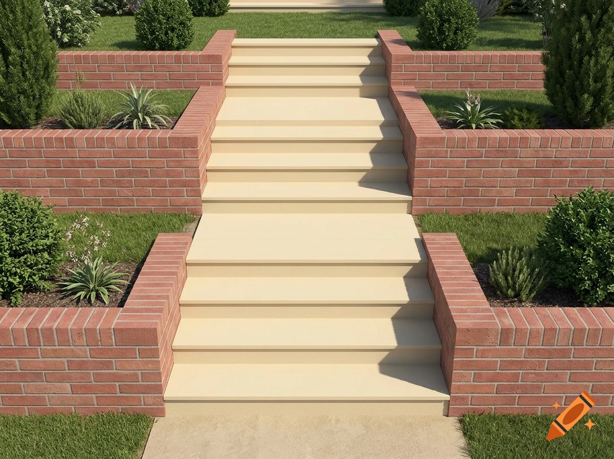 A straight front-facing view of stone outdoor stairs bordered by red brick retaining walls and tiered garden beds with manicured bushes and grass.