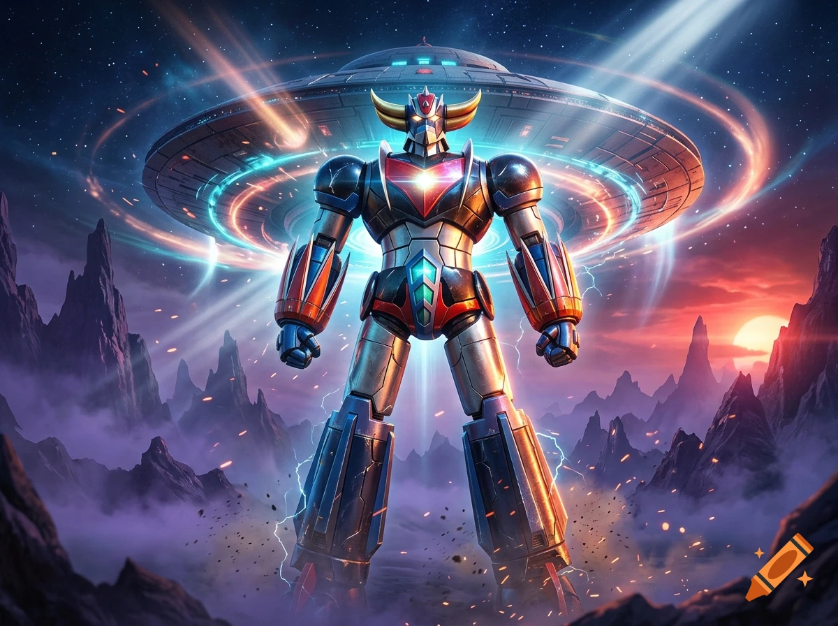 Grendizer mecha robot standing in a rocky landscape with a UFO hovering overhead against a starry space background.