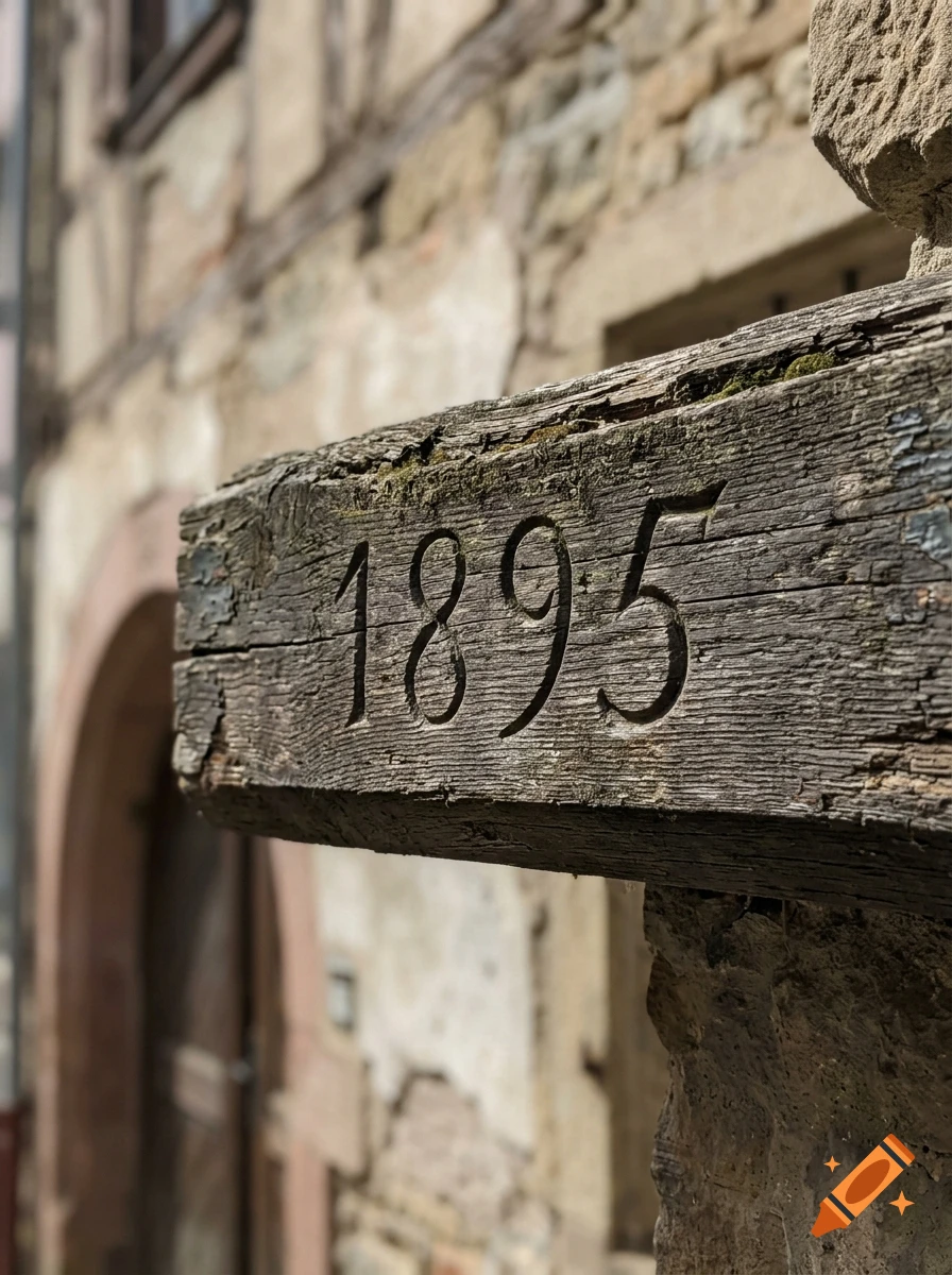 Close-up photorealistic shot of an old wooden beam with the carved inscription 1895 in front of a rustic stone and timber-framed wall.