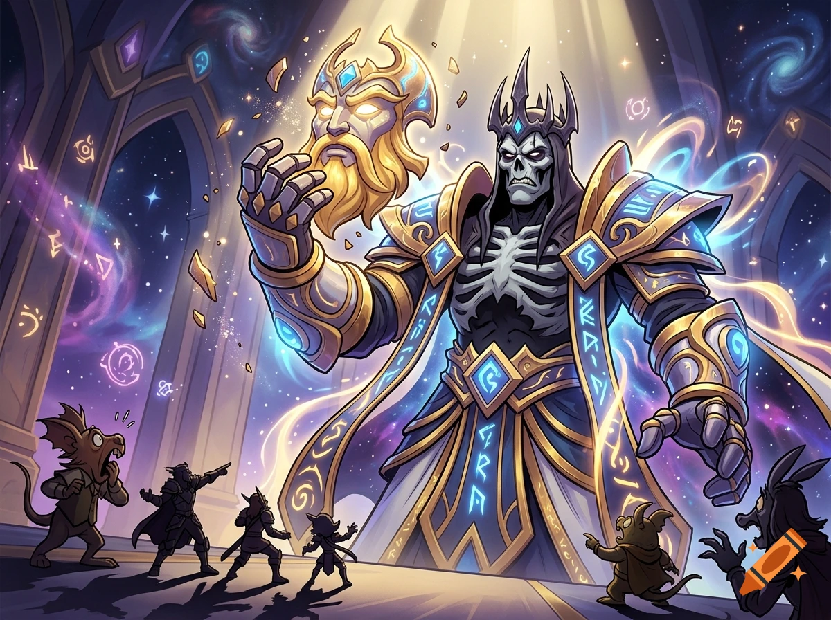 Digital illustration of the Warcraft skeleton Jailer unmasking a golden titan, watched by shocked cartoon creatures in a cosmic hall.