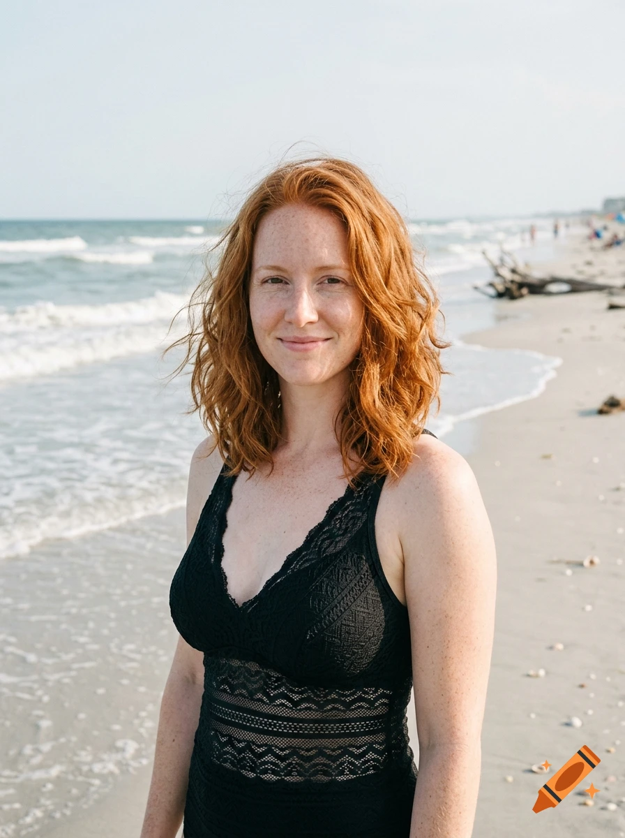 Photorealistic portrait of a smiling redhead woman with freckles wearing a black lace one-piece swimsuit on a beach.