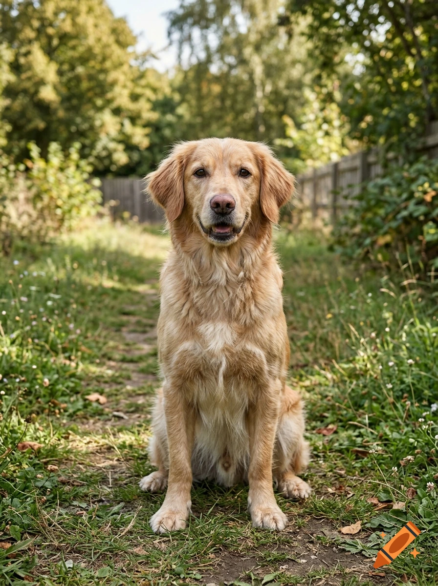 Photorealistic image of a golden retriever sitting on a path in a park.