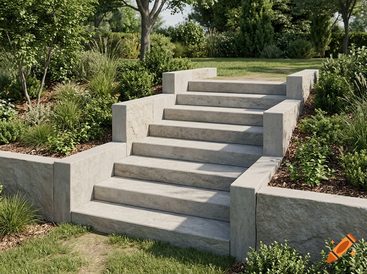 Photorealistic image of stone garden steps leading up a grassy slope surrounded by bushes and trees.