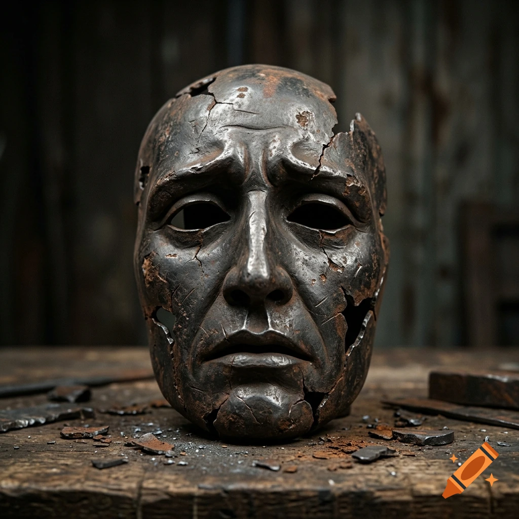 Photorealistic close-up of a sorrowful, cracked, and rusted iron mask resting on a wooden workbench.