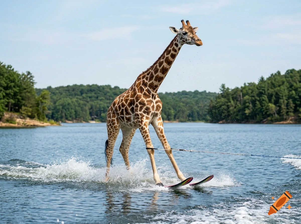 Photorealistic image of a giraffe water skiing on a calm lake surrounded by forested hills.