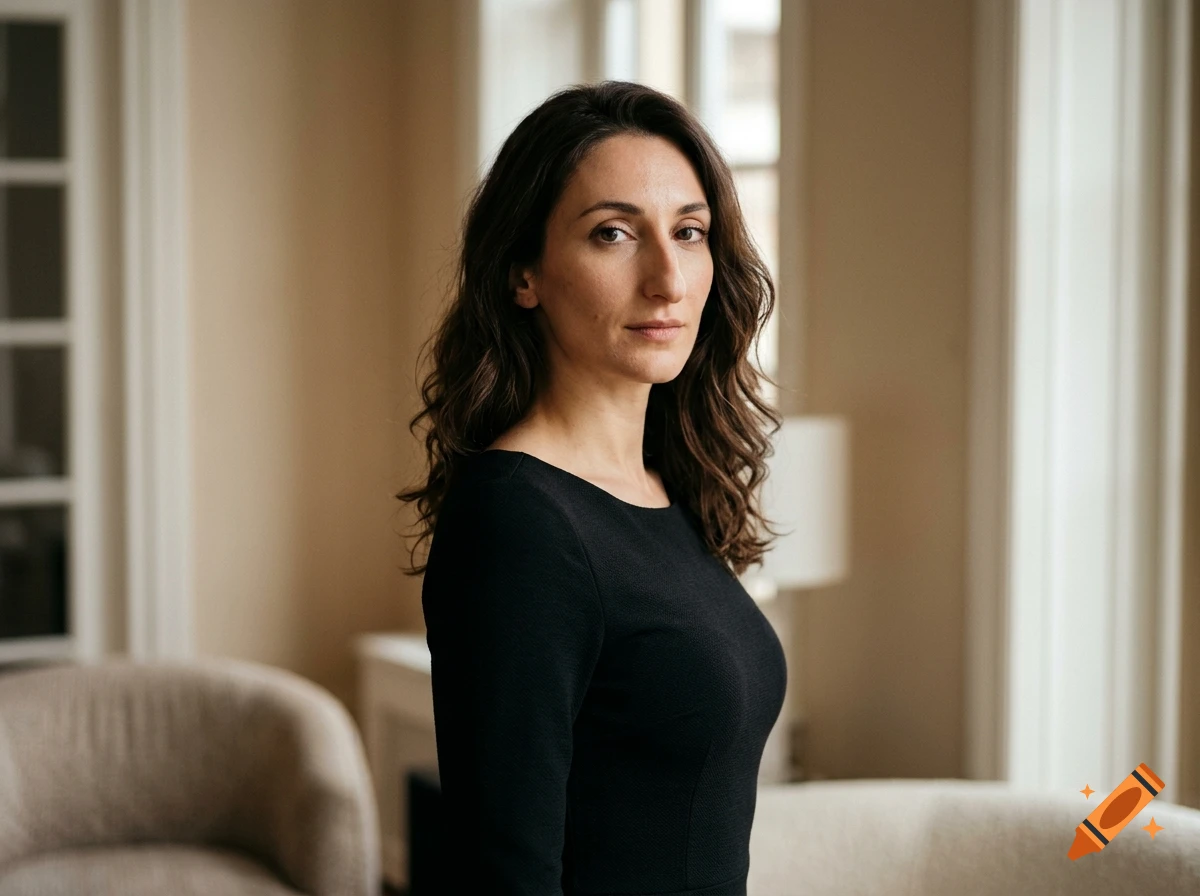 Photorealistic portrait of a woman with dark wavy hair wearing a black dress, indoors.