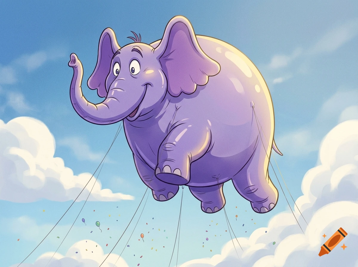 A 90s Disney cartoon style purple inflated elephant floating in the sky among clouds.