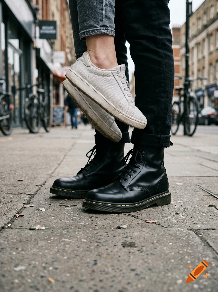Close-up of two people standing on a city street, one wearing white canvas sneakers and the other wearing black boots.