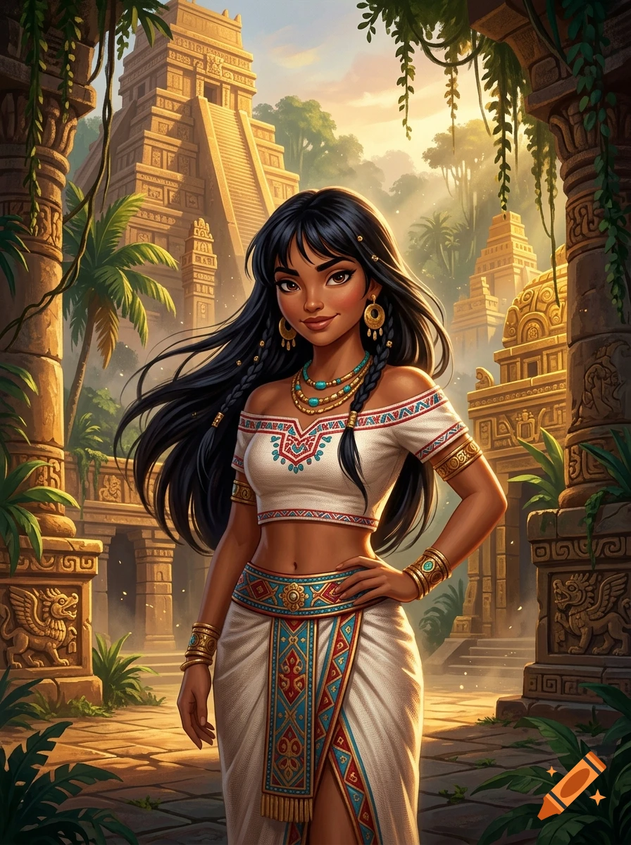 Digital illustration of Chel from El Dorado posing gracefully amidst ancient Mayan temple ruins with lush tropical foliage.