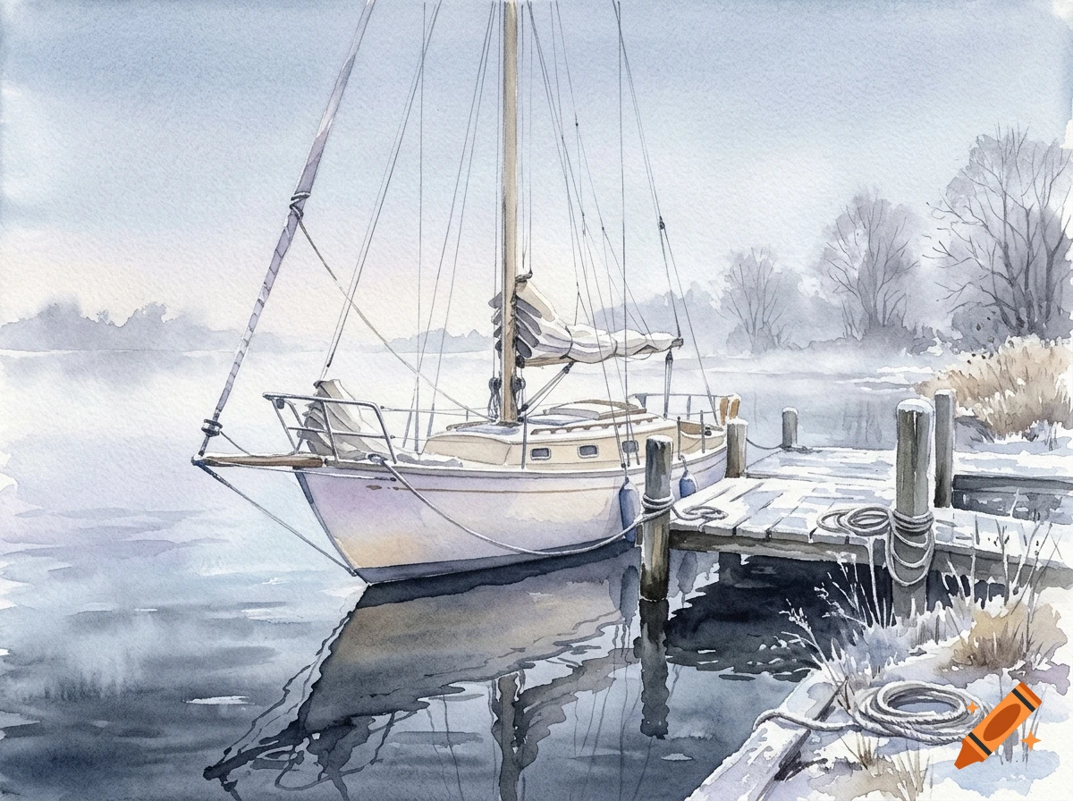 Watercolor painting of a sailboat moored at a wooden dock in a winter landscape with misty water and bare trees.