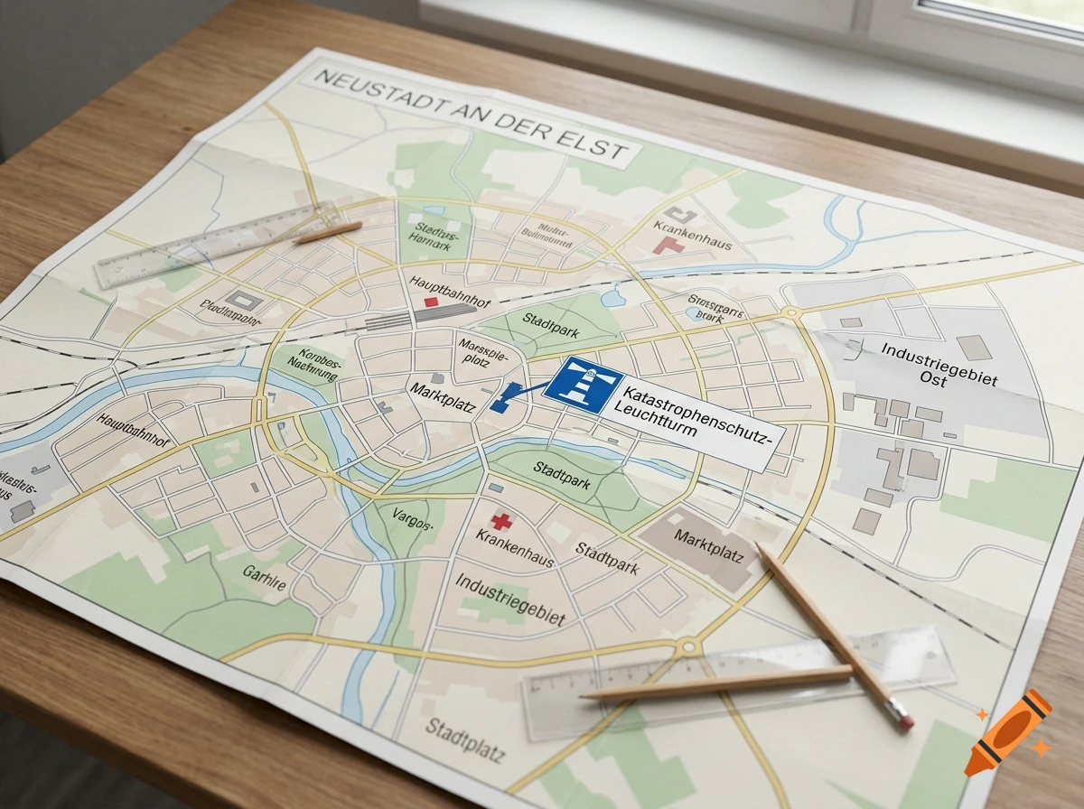 Photorealistic city map with fictional German street names and a disaster control lighthouse symbol on a wooden table.