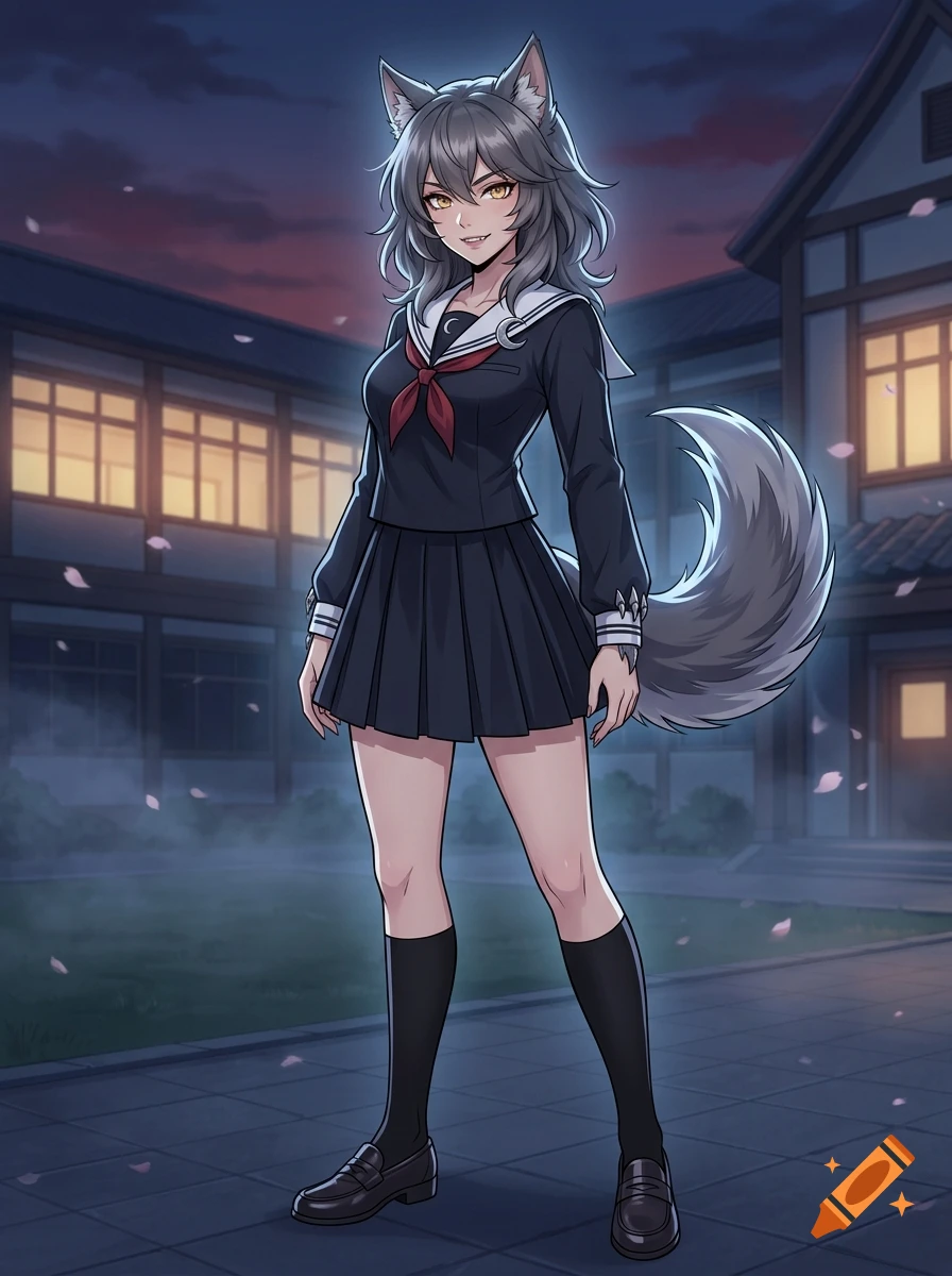 Anime style illustration of a female wolf-human hybrid with grey hair, wearing a Japanese school uniform, standing in front of a school building at dusk.