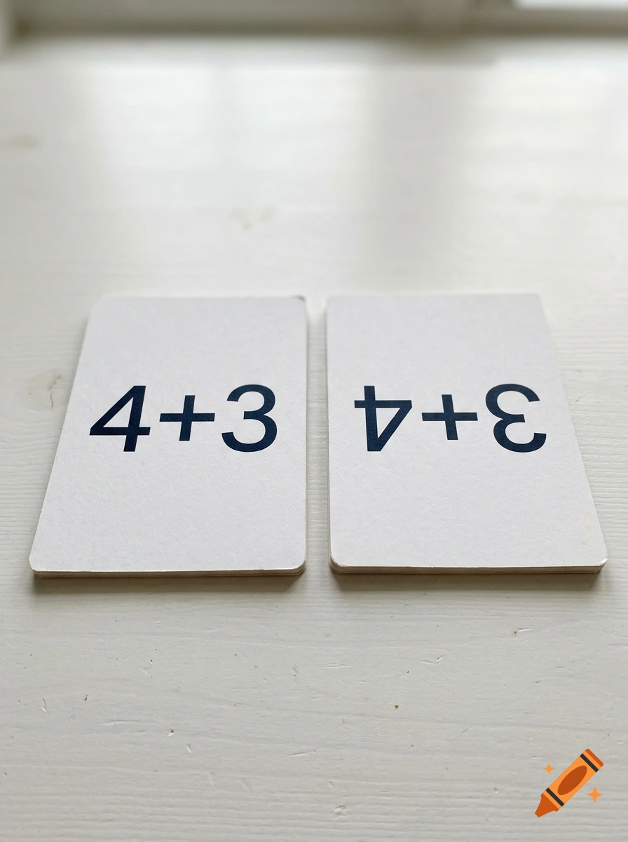 Two white cards showing the equation 4+3 on one side and an upside down 3+4 on the other.